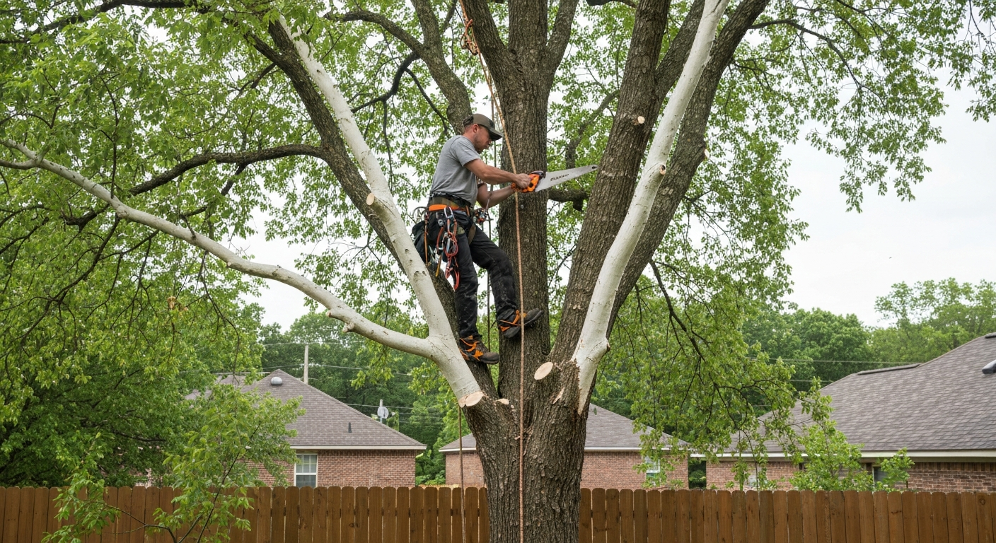 Certified arborist pruning tree in residential yard
