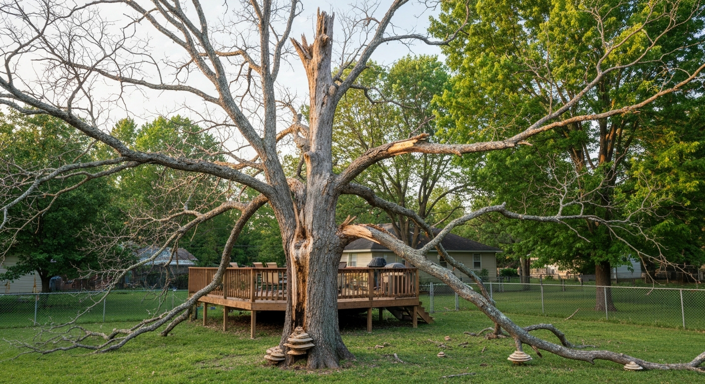 Hazardous dead oak tree hanging over residential deck before removal