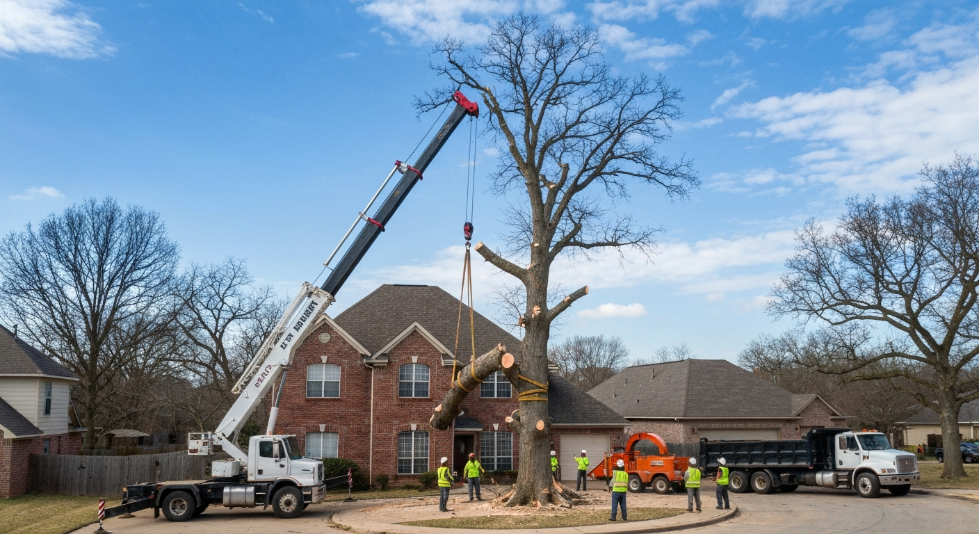 Jonesboro Tree Pros crane removal crew working on a large oak tree