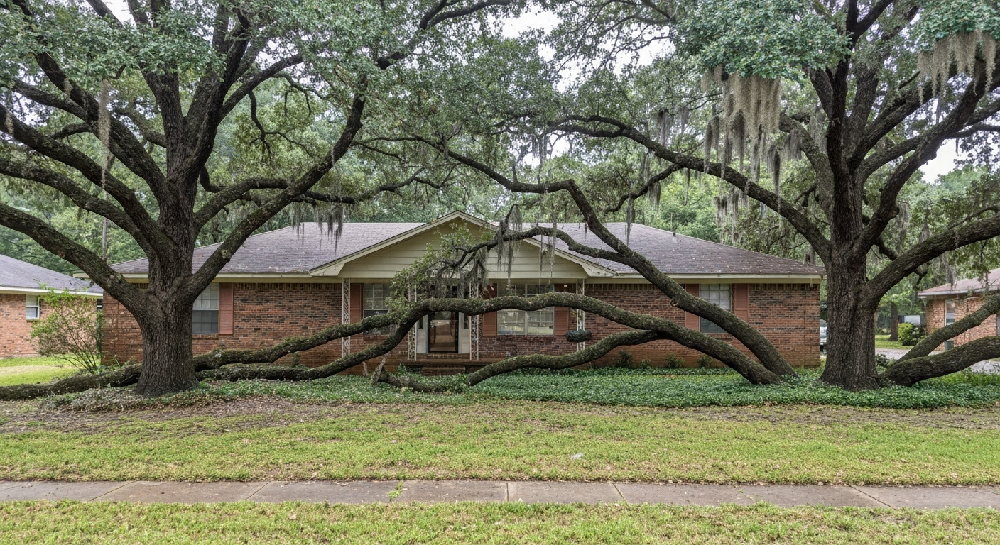 Severely overgrown trees blocking house facade before trimming